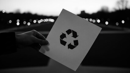 Hand holds recycle symbol on paper, blurred park background, grayscale image