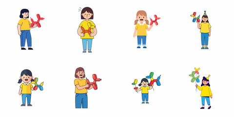 Fototapeta premium Cartoon set of happy little girls holding colorful balloon animals and dogs, celebrating joyful moments and parties.