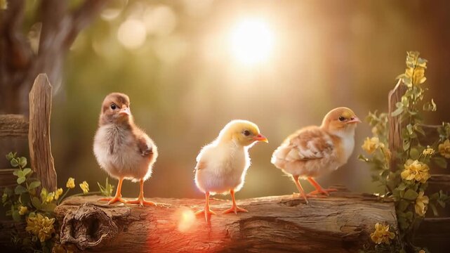 Little cute baby chicks in a green forest on tree stump, playing in forest spring landscape, yellow newborn baby chicks in sunlight