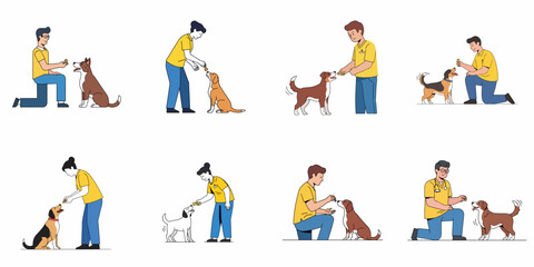 Fototapeta premium Set of illustrations showing people rewarding and training various dog breeds with treats, emphasizing positive reinforcement and pet care bonding.