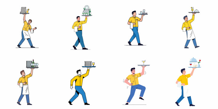 Dynamic Collection of Waiters Serving Food and Drinks on Trays, Illustrating Professional Restaurant Staff and Hospitality Service.