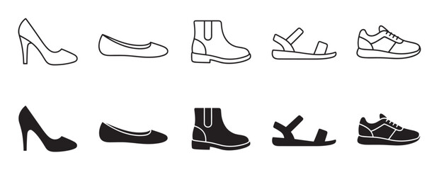 Fototapeta premium Collection of women's shoe icons in two styles, featuring a high heel, ballet flat, boot, sandal, and sneaker as both line art and solid black silhouettes for graphic design