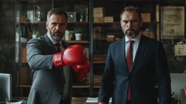 Serious male colleagues in formal suits demonstrating rivalry and competition by boxing in the office