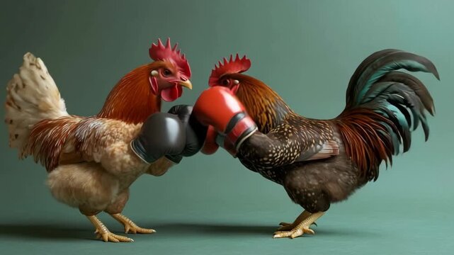 Two determined roosters wearing boxing gloves are engaging in a competitive fight on a green background