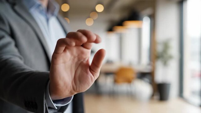 Close-up of a businessman's hand making a stop gesture and pinching fingers. Professional interacting with a virtual interface or holding an invisible object in a modern office. Business concept