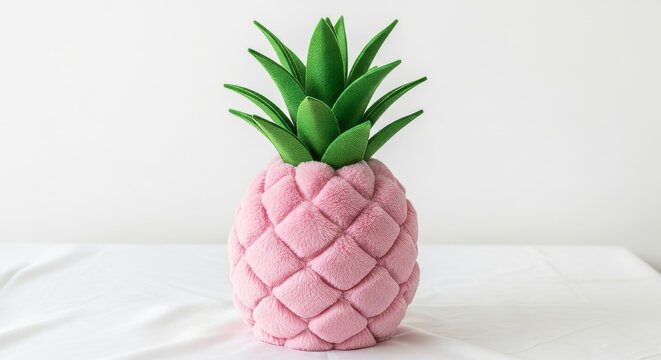A vibrant pink pineapple decoration with green leaves on top