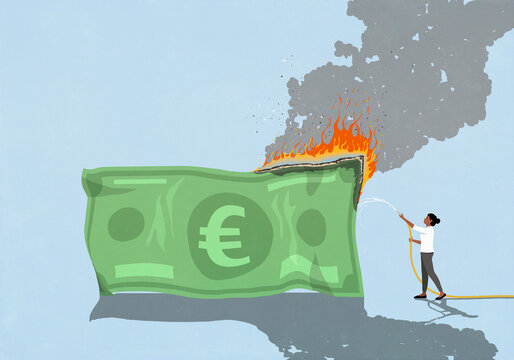 Woman with hose trying to put out fire on large green Euro bill