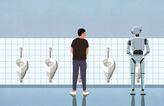 Man at urinal looking over at humanoid robot using urinal in bathroom