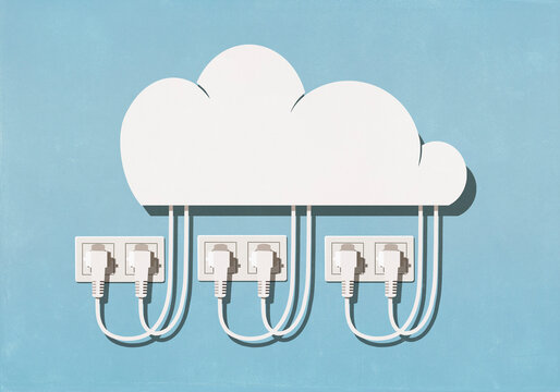 Cloud plugged into multiple electrical outlets on blue background