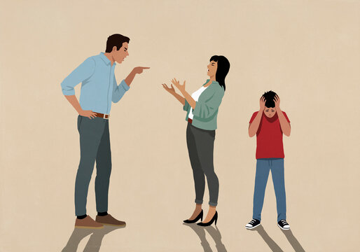 Upset son with head in hands next to arguing parents on beige background