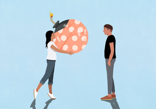 Woman giving wrapped bomb to man on blue background