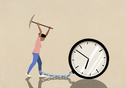 Woman with pickaxe breaking chain connecting her ankle to large clock on beige background