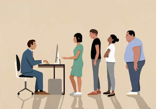 People in queue waiting to talk to man working at computer in office