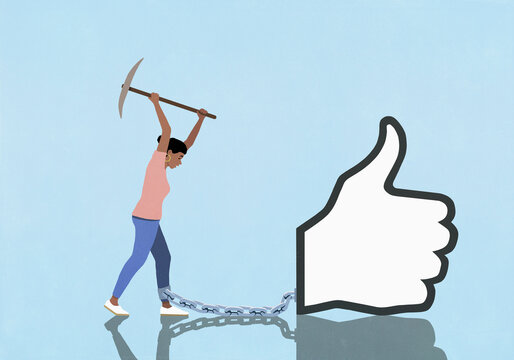 Woman with pickaxe attempting to break chain connecting her ankle to social media thumbs-up icon