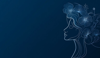 Obraz premium Minimalist vector illustration of a woman's profile with flowing lines and floral elements, emphasizing elegance and artistic design