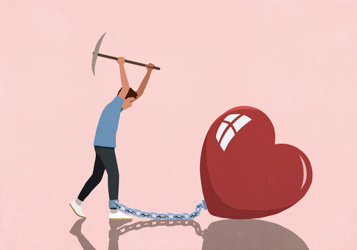 Man with pickaxe breaking chain connecting his ankle to large heart on pink background