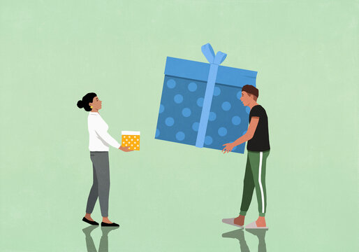 Couple exchanging disproportionate sized gifts against green background