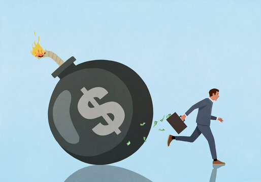 Businessman with briefcase running from large bomb with dollar sign