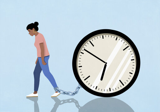 Woman dragging large clock chained to her ankle against blue background