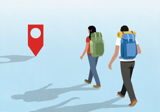 Adventurous couple with backpacks walking toward location pin on blue background