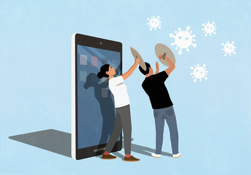 Couple shielding smart phone from floating viruses on blue background