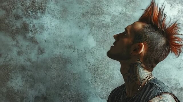 Profile of a serious young man with a mohawk hairstyle and tattoos against a grunge background