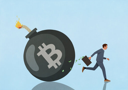 Large Bitcoin bomb rolling behind running investor with money briefcase