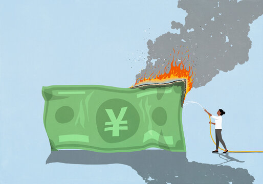 Woman with hose trying to put out fire on large green Yen bill