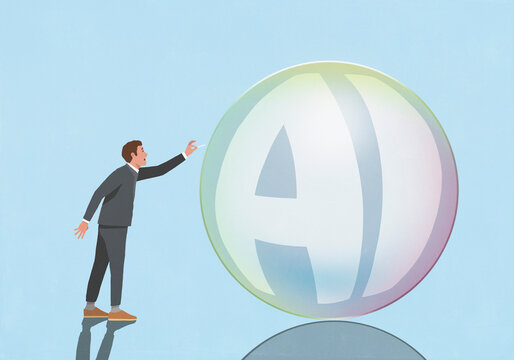 Businessman with pin popping AI bubble on blue background