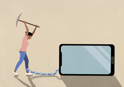Woman with pickaxe breaking chain connecting her ankle to large smart phone