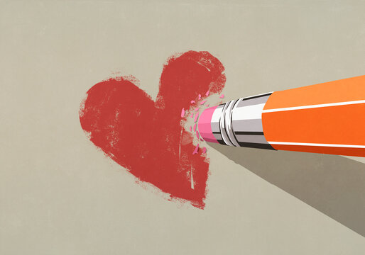 View from above of large pencil eraser erasing red heart