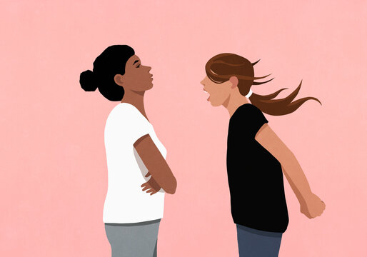 Angry woman yelling, confronting stubborn woman against pink background
