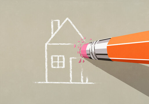 Pencil eraser erasing chalk house drawing