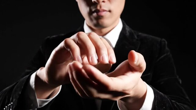 Magician performing a coin trick with sleight of hand. Close-up of hands manipulating a silver coin against a black background. Illusion and entertainment concept