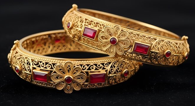 Elegant gold bangles adorned with red gemstones and intricate filigree designs.