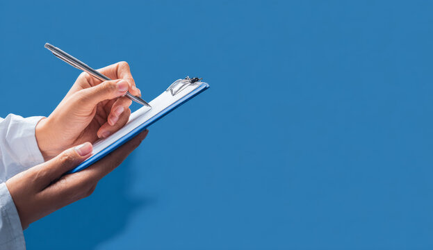 Person's hand writing on a white paper with a silver ballpoint pen held in a person's hand, on a clipboard with a blue background