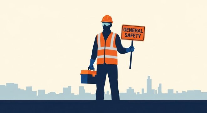 Cartoon worker holds "General Safety" sign, skyline background