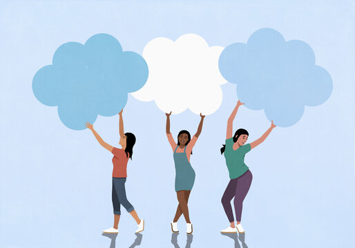 Happy young women holding blue and white cloud bubbles overhead