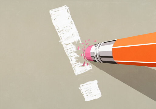 High angle shot of large pencil eraser erasing exclamation mark on beige background