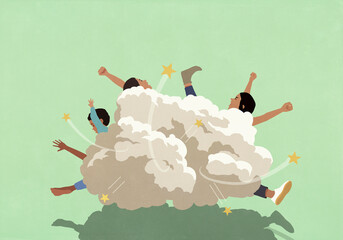 Motion cloud and stars covering angry kids fighting against green background
