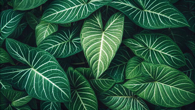 Tropical green leaves philodendron variegated striped pattern nature botanical jungle foliage light background