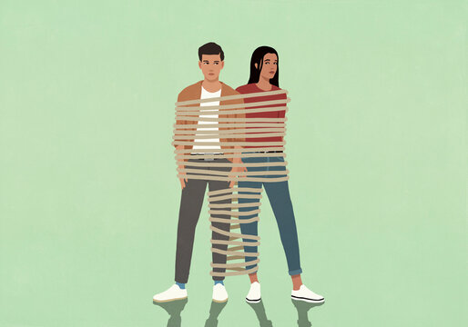 Suspicious couple strapped together with rope against green background