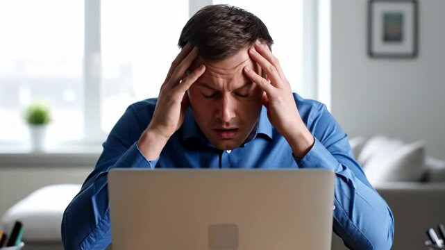 Shocked businessman looking at laptop screen with frustration. Stressed man reacting to bad news or system error in office. Computer problem concept