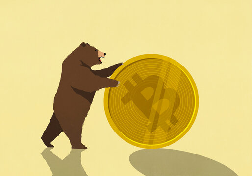 Bear rolling large Bitcoin against yellow background