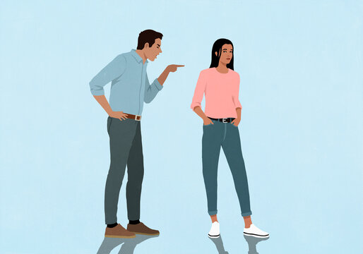 Angry man pointing and accusing worried woman