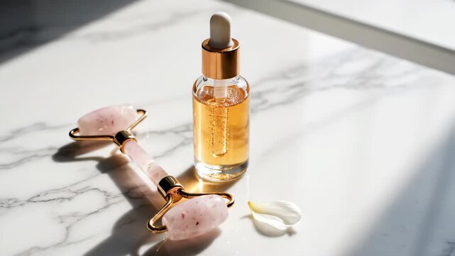 Rose quartz facial roller and cosmetic serum bottle on a marble surface. Natural skincare products for a beauty routine. Self-care and wellness concept