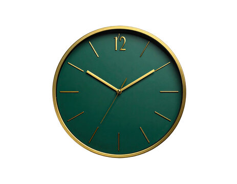 A modern, minimalist circular wall clock features a deep teal face with gold hands and a gold rim