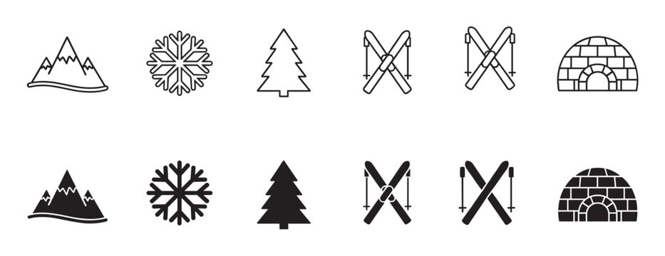 Minimalist winter icon set with nature and sport symbols including mountain, snowflake, tree, skis, and igloo, designed in clean outline and solid black styles