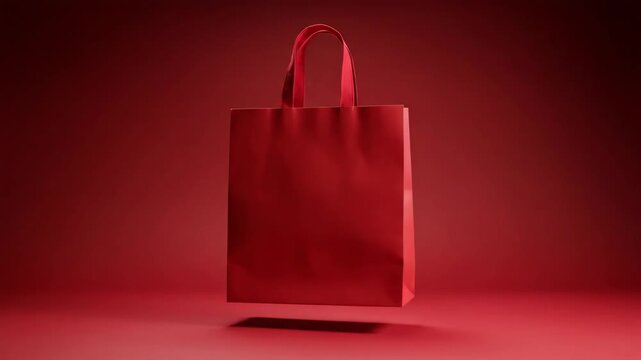 Rotating red shopping bag animation. Blank paper gift bag mockup for retail, sales, and e-commerce promotions with copy space