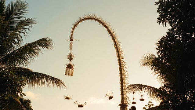 Tall, ornate penjor arch amid trees, with light sky background